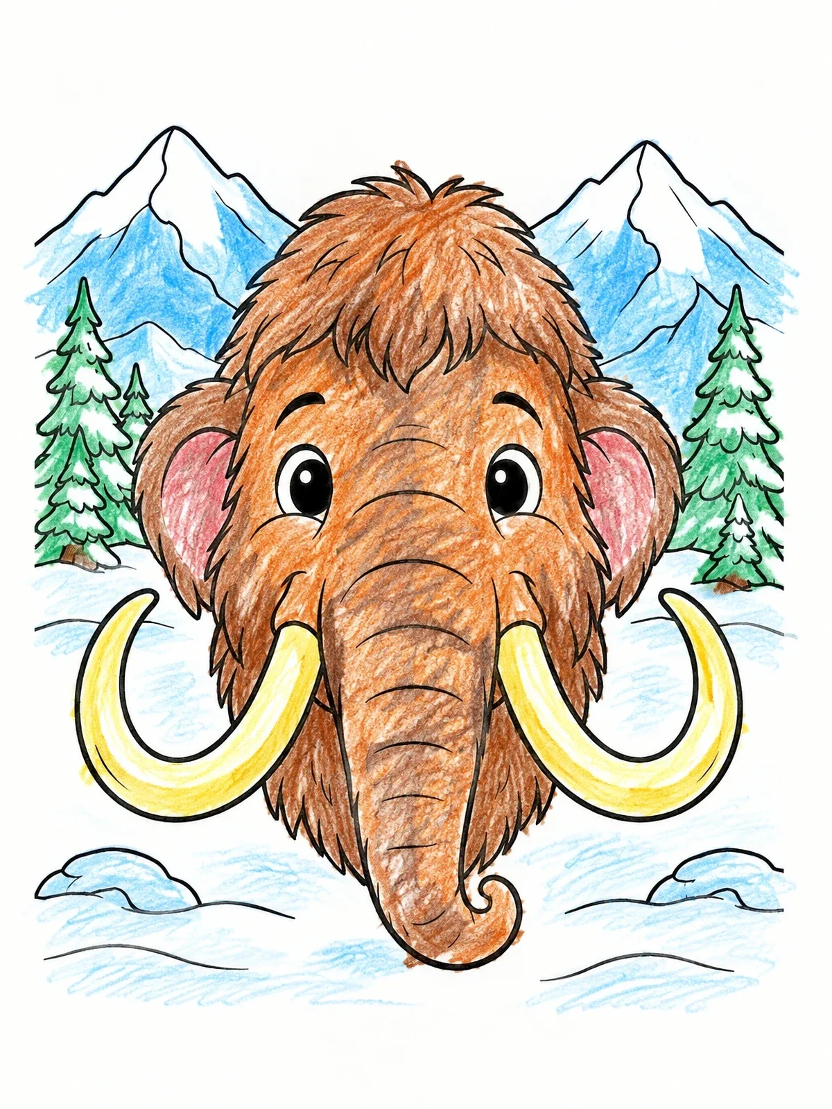 Colored example of the Cute Woolly Mammoth In Snowy Mountains coloring page