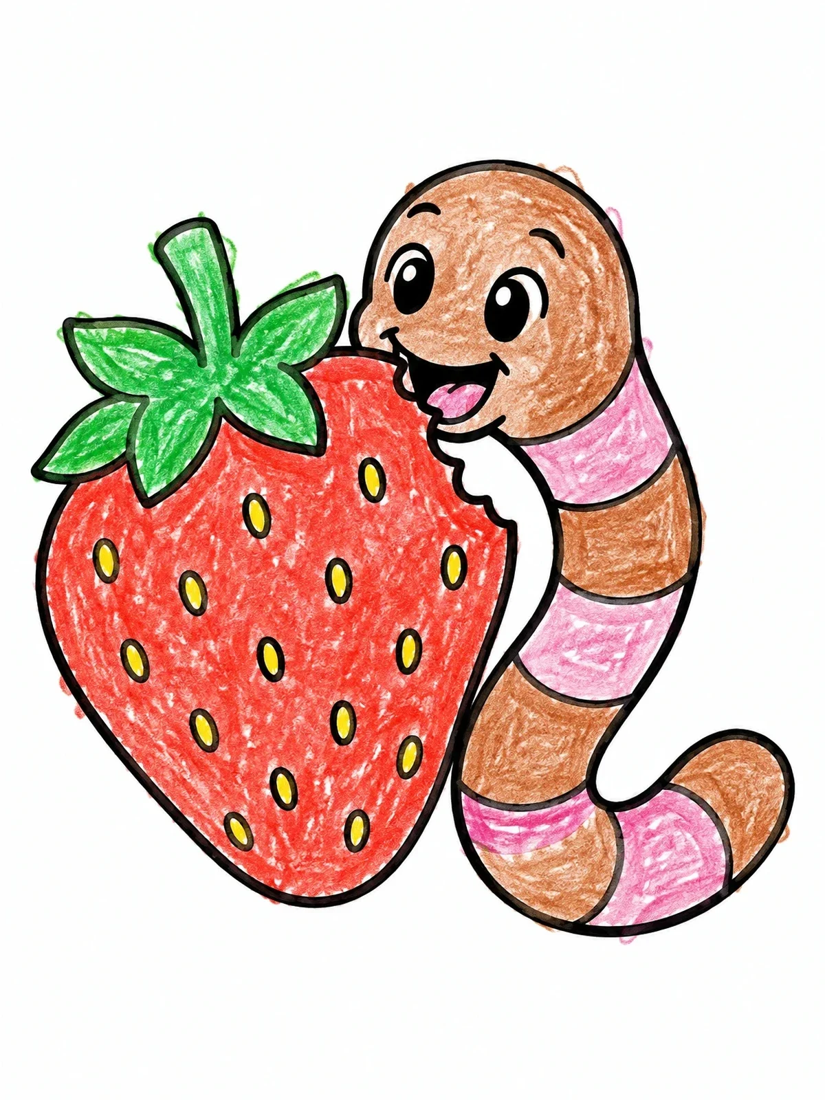 Colored example of the Cute Worm Eating A Strawberry coloring page