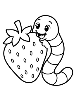A happy earthworm biting into a large berry on this worm coloring page.