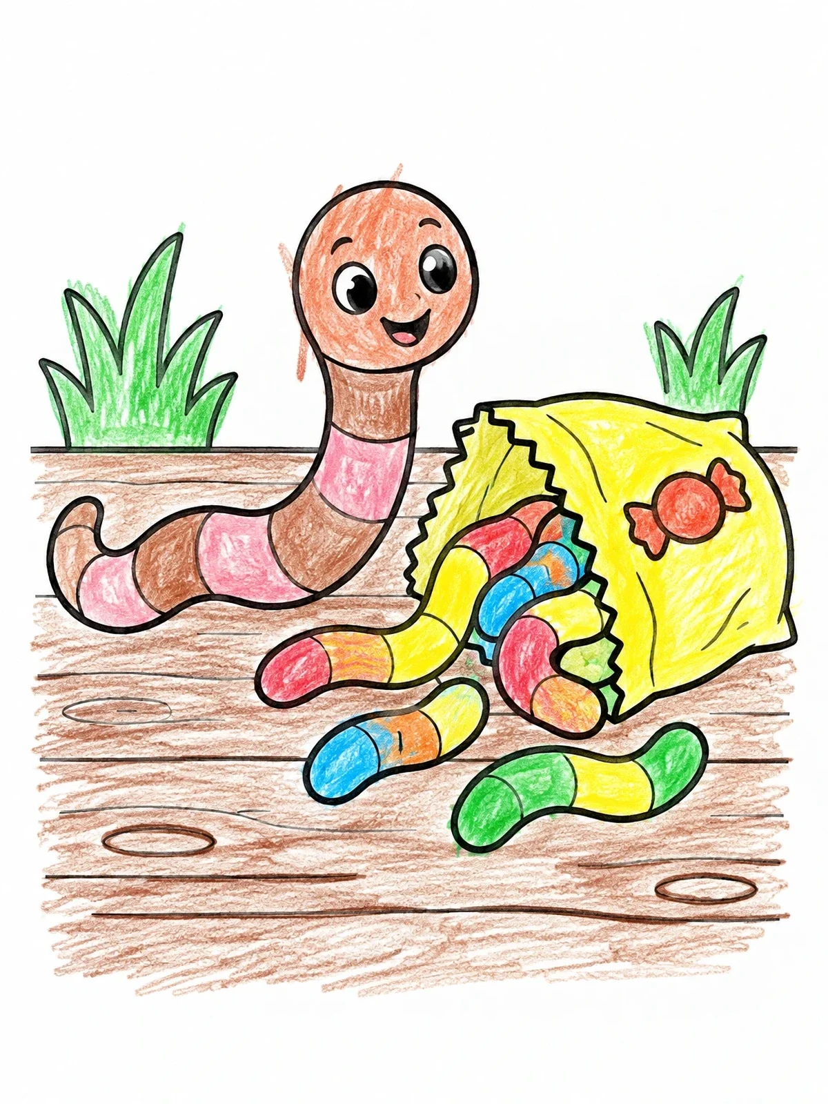 Colored example of the Cute Worm With Gummy Candies coloring page