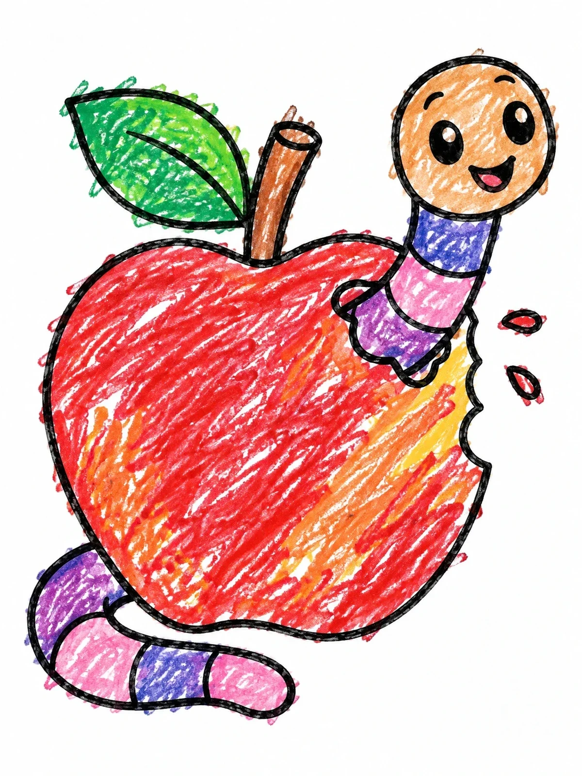 Colored example of the Cute Worm In A Bitten Apple coloring page