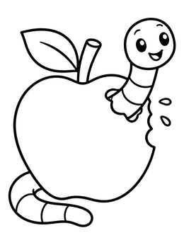 Free printable Cute Worm In A Bitten Apple coloring page
