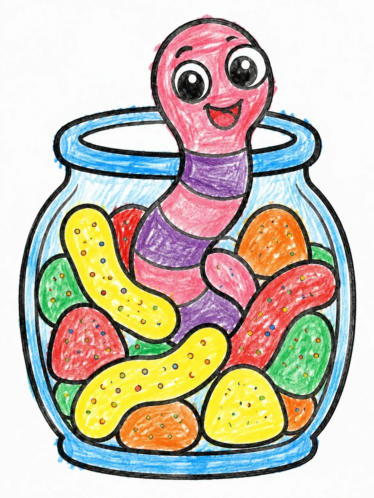 Colored example of the Cute Worm In A Candy Jar coloring page