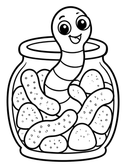 A cheerful worm coloring page with a cartoon worm popping out of a glass jar filled with candies.