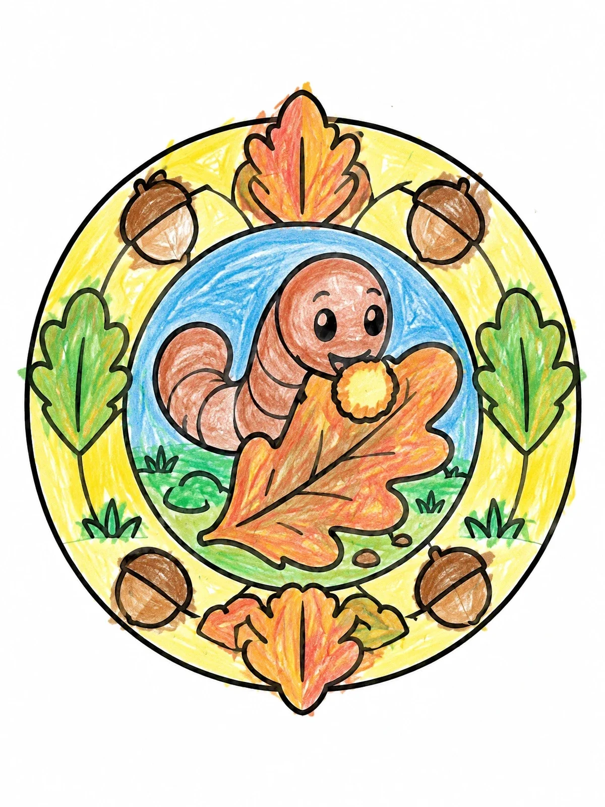 Colored example of the Cute Worm Nibbling An Oak Leaf coloring page