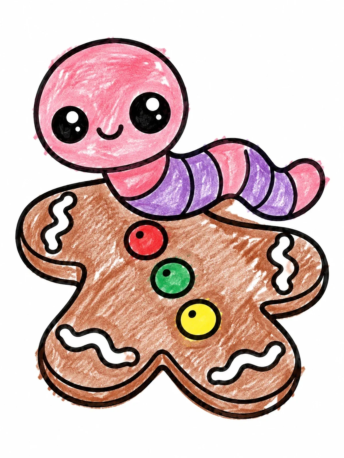 Colored example of the Cute Worm On Gingerbread Man coloring page