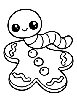 A sweet little worm coloring page showing a friendly worm atop a gingerbread cookie.