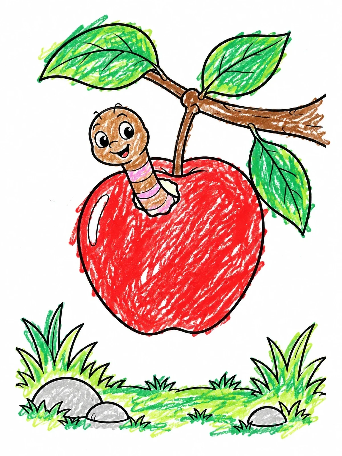 Colored example of the Cute Worm Peeking Out Of Apple coloring page