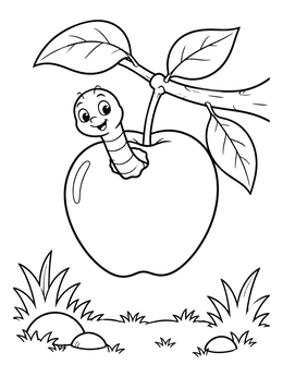 Free printable Cute Worm Peeking Out Of Apple coloring page