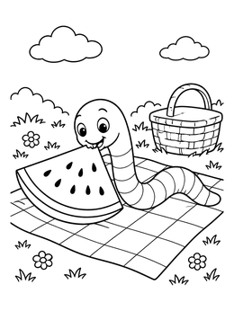 A worm coloring page showing a happy earthworm eating watermelon on a picnic blanket outdoors.