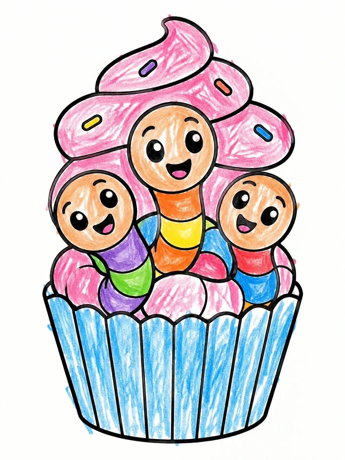 Colored example of the Cute Worms In A Cupcake coloring page