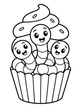 Three cheerful cartoon worms peek out of a sweet worm coloring page cupcake.