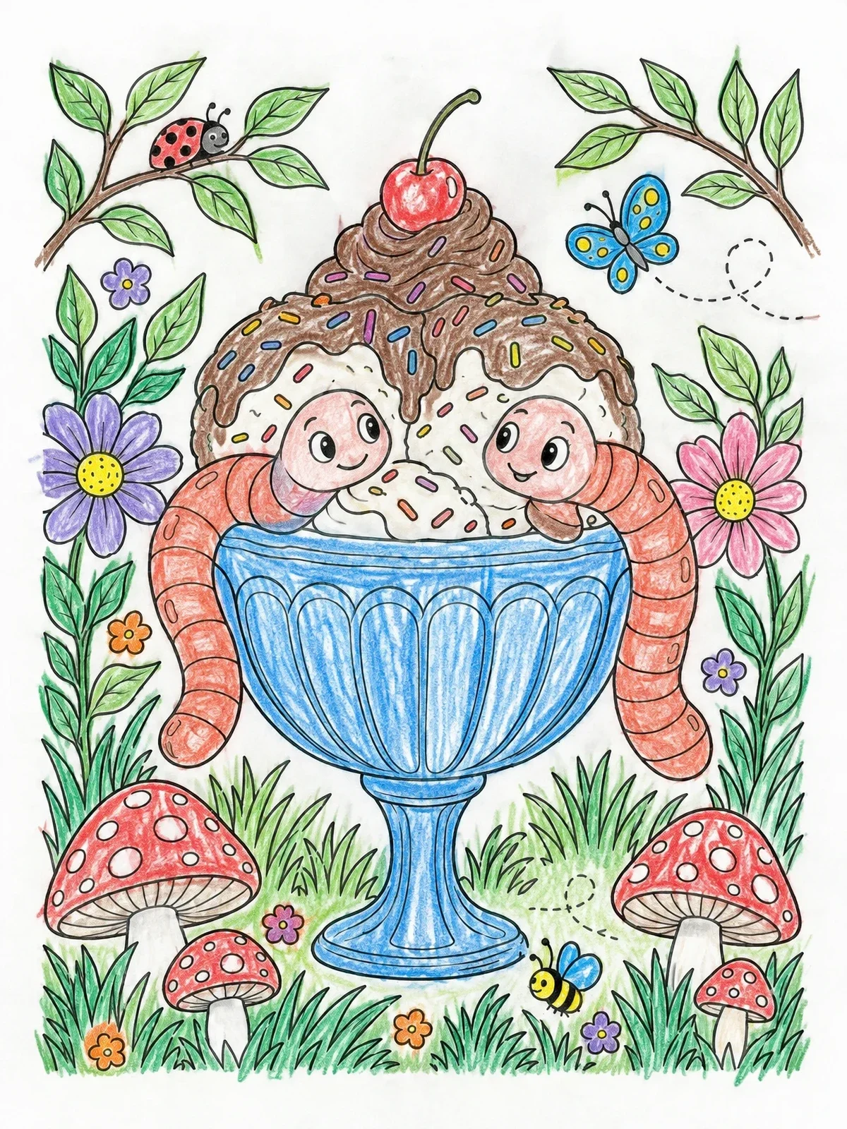 Colored example of the Cute Worms In Ice Cream Sundae coloring page