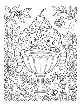 Two smiling cartoon worms inside a sweet sundae on this worm coloring page.