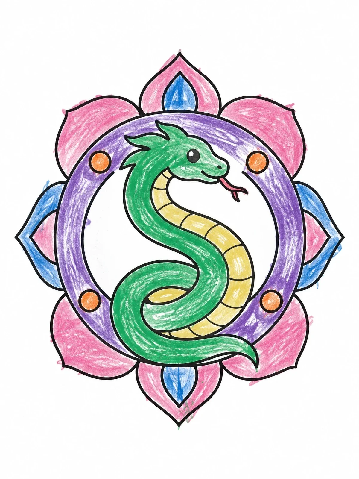 Colored example of the Cute Wyrm Dragon Mandala coloring page