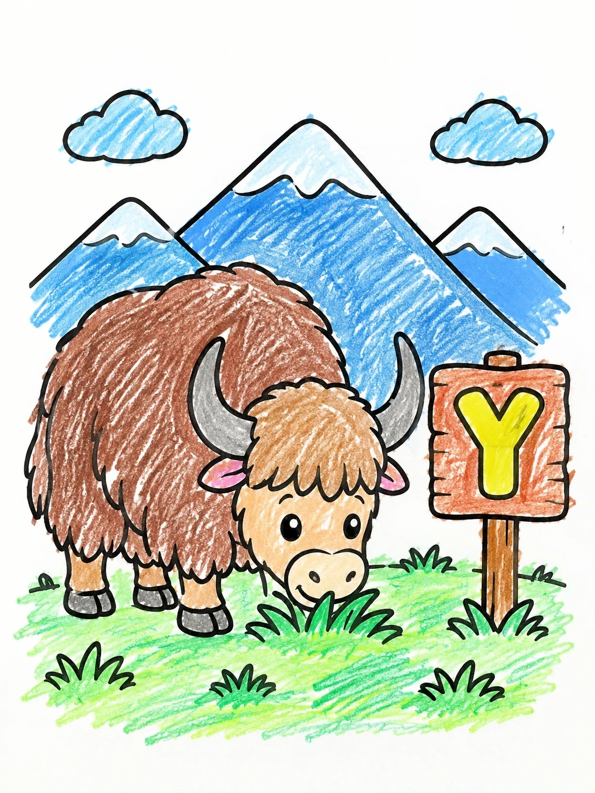 Colored example of the Cute Yak With Letter Y Sign coloring page