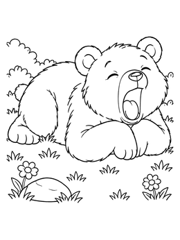 A cute bear coloring page showing a sleepy cub yawning while resting on paws in the grass.