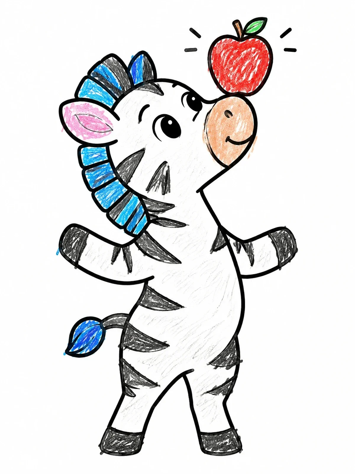 Colored example of the Cute Zebra Balancing An Apple coloring page