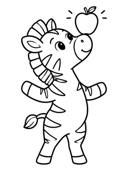 A playful little zebra coloring page showing the foal balancing a round apple on its nose.