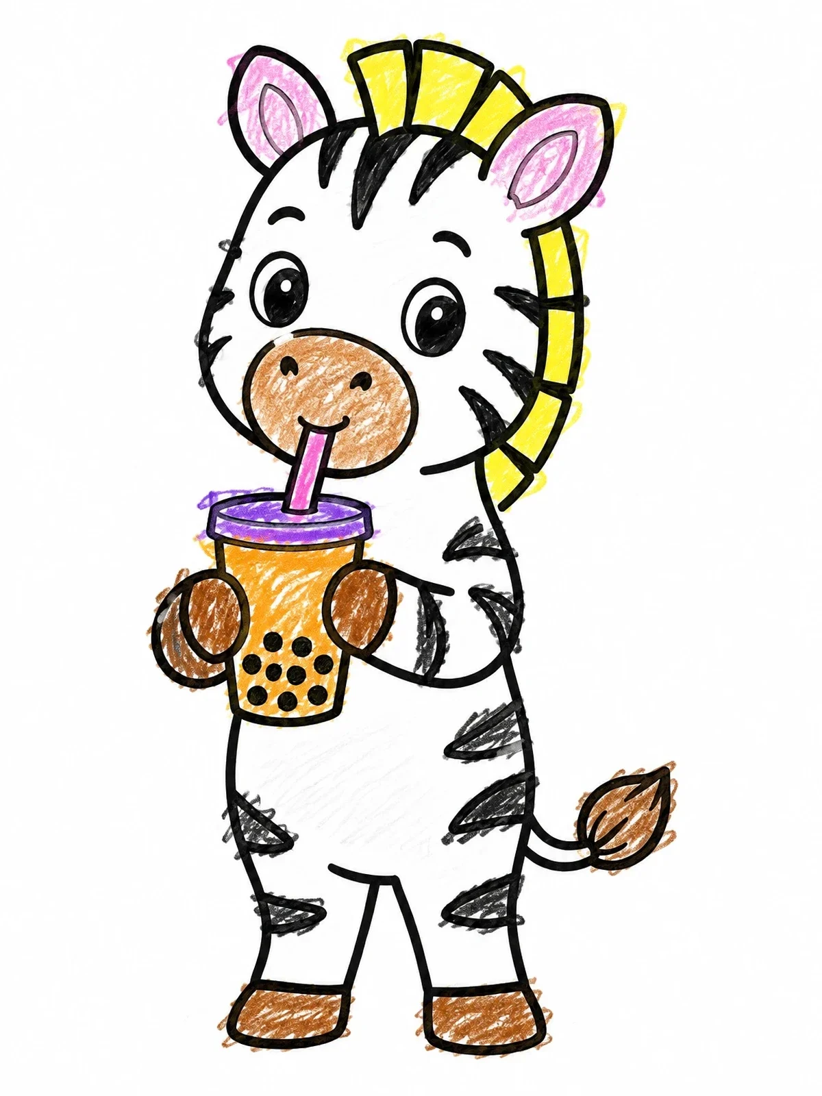 Colored example of the Cute Zebra Drinking Boba Tea coloring page