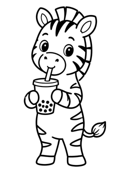 A cute zebra coloring page showing a baby zebra happily drinking iced boba tea through a straw.