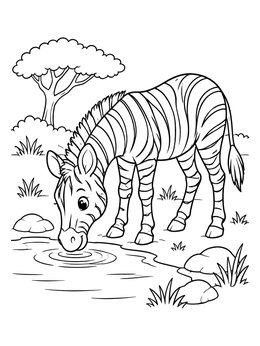 Free printable Cute Zebra Drinking At The Waterhole coloring page