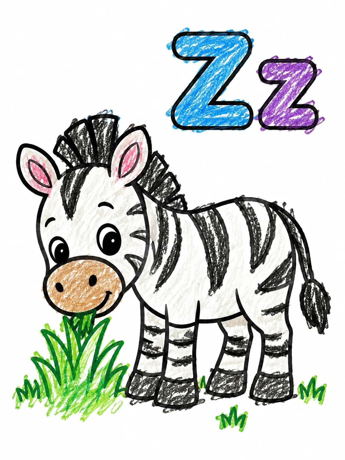 Colored example of the Cute Zebra Grazing On Grass coloring page