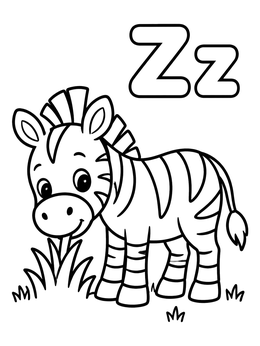 A cute cartoon zebra coloring page with uppercase and lowercase letters Z.