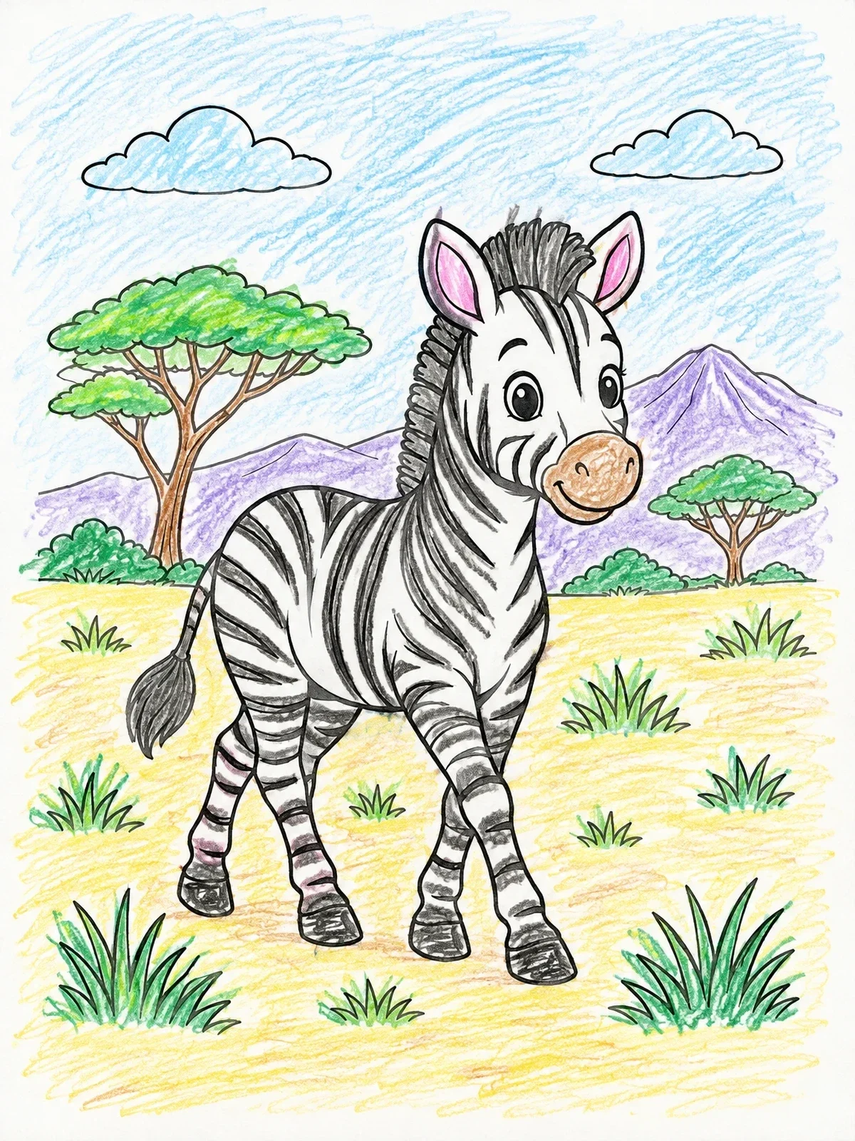 Colored example of the Cute Zebra In The Savanna coloring page