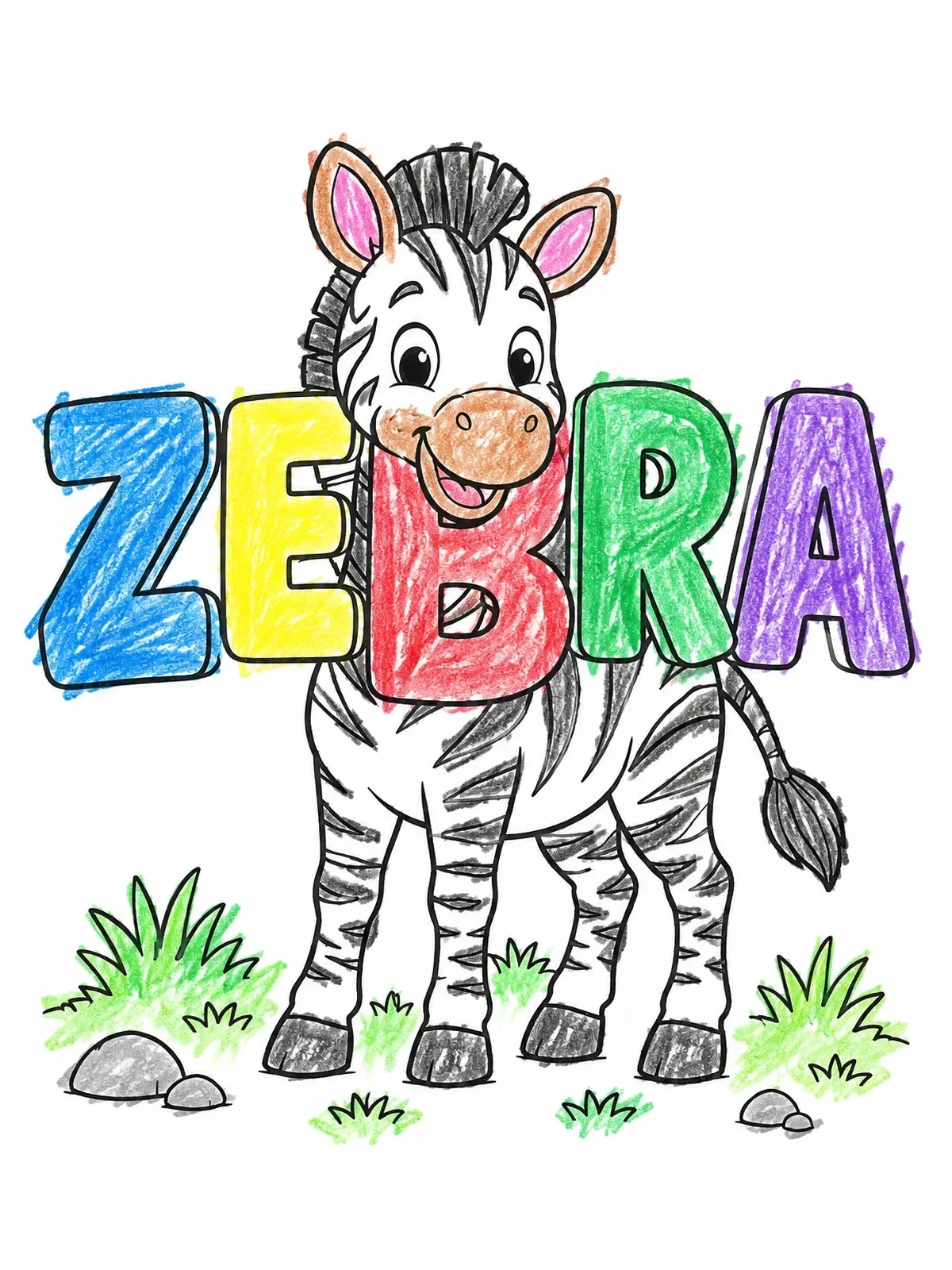 Colored example of the Cute Zebra With Large Word Sign coloring page