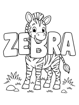 A cheerful cartoon zebra standing behind big letters on this zebra coloring page.