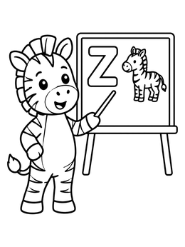 A cute cartoon zebra coloring page with a chalkboard showing the letter Z.