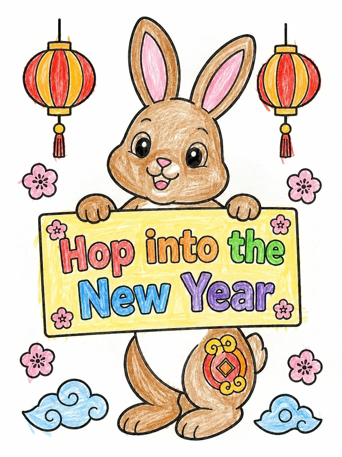 Colored example of the Cute Zodiac Rabbit New Year Sign coloring page