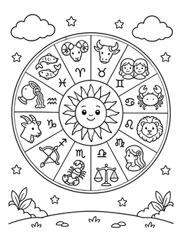 Free printable Cute Zodiac Wheel With Smiling Sun coloring page