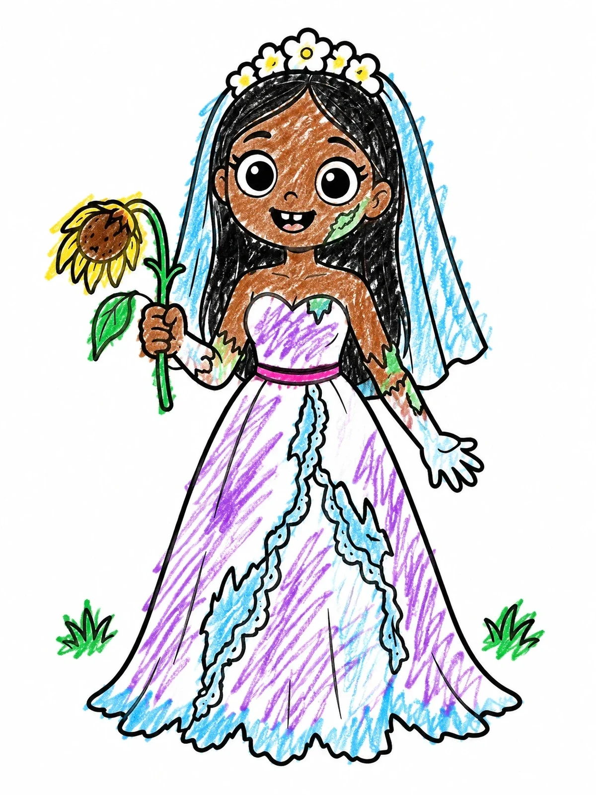 Colored example of the Cute Zombie Bride With Sunflower coloring page