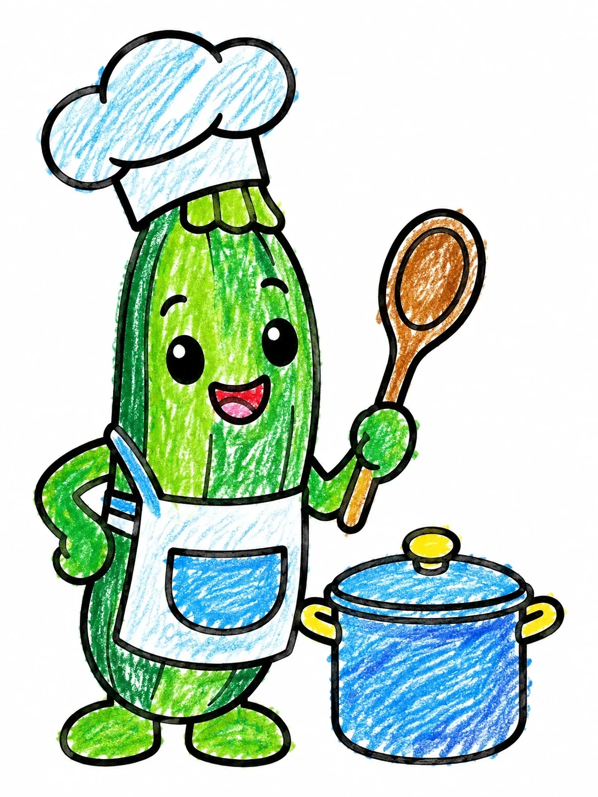 Colored example of the Cute Zucchini Chef With Cooking Pot coloring page