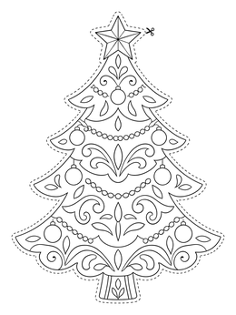 An ornate christmas tree coloring page with scissor cutting lines and baubles.