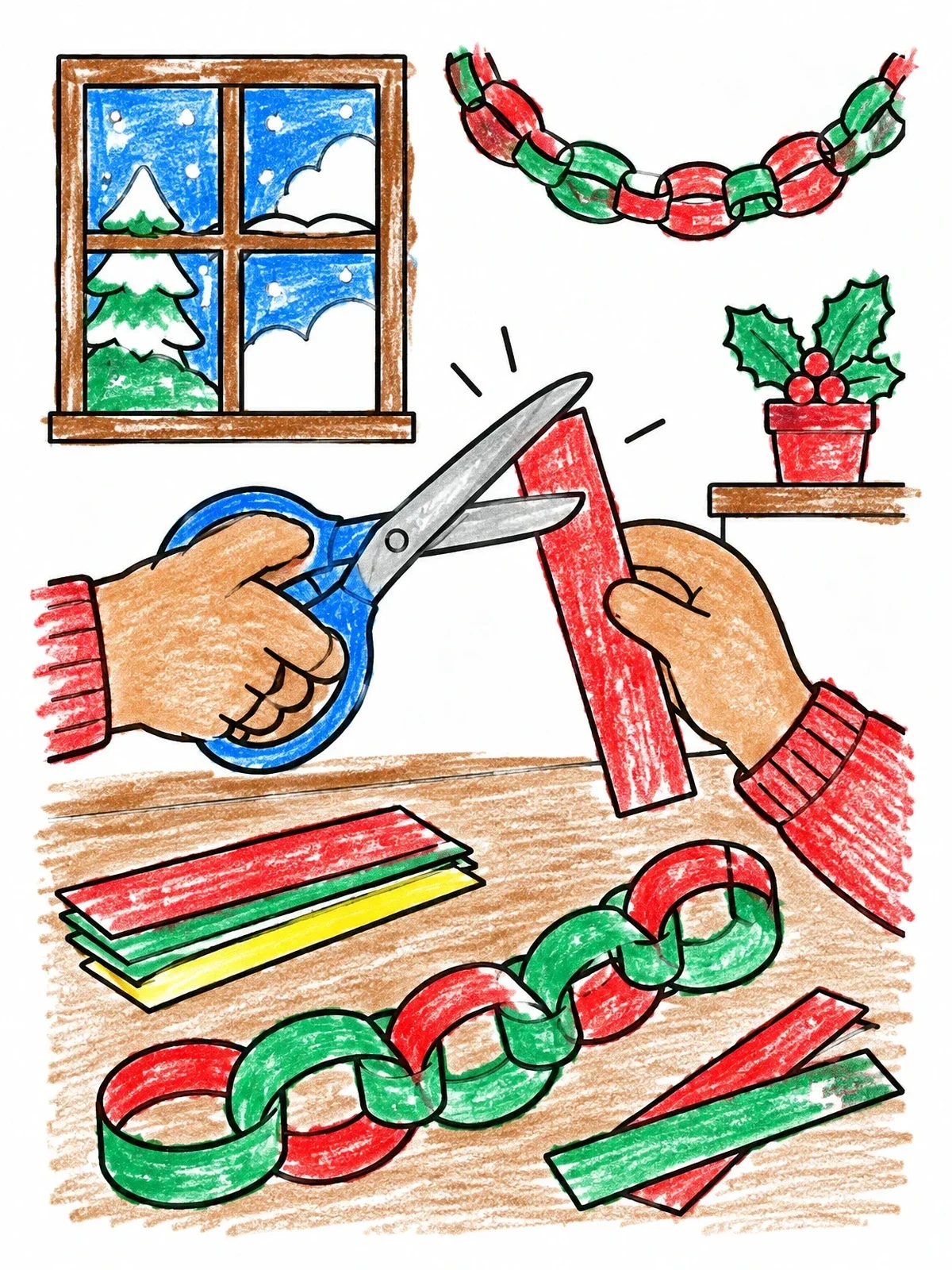 Colored example of the Cutting Paper Chains With Scissors coloring page