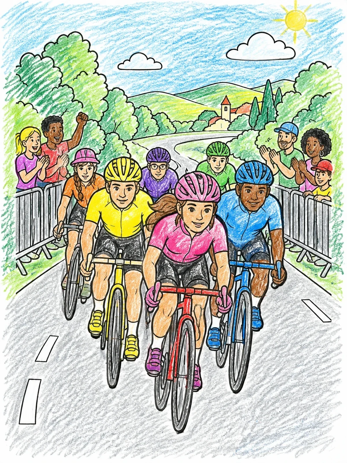 Colored example of the Bicycle Race Peloton And Cheering Fans coloring page