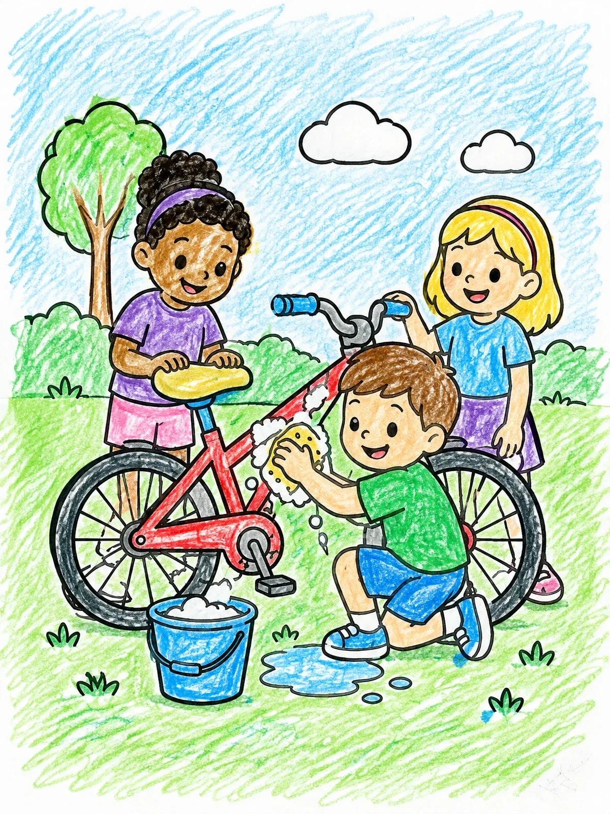Colored example of the Children Washing A Bicycle Outside coloring page