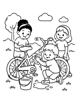 Free printable Children Washing A Bicycle Outside coloring page