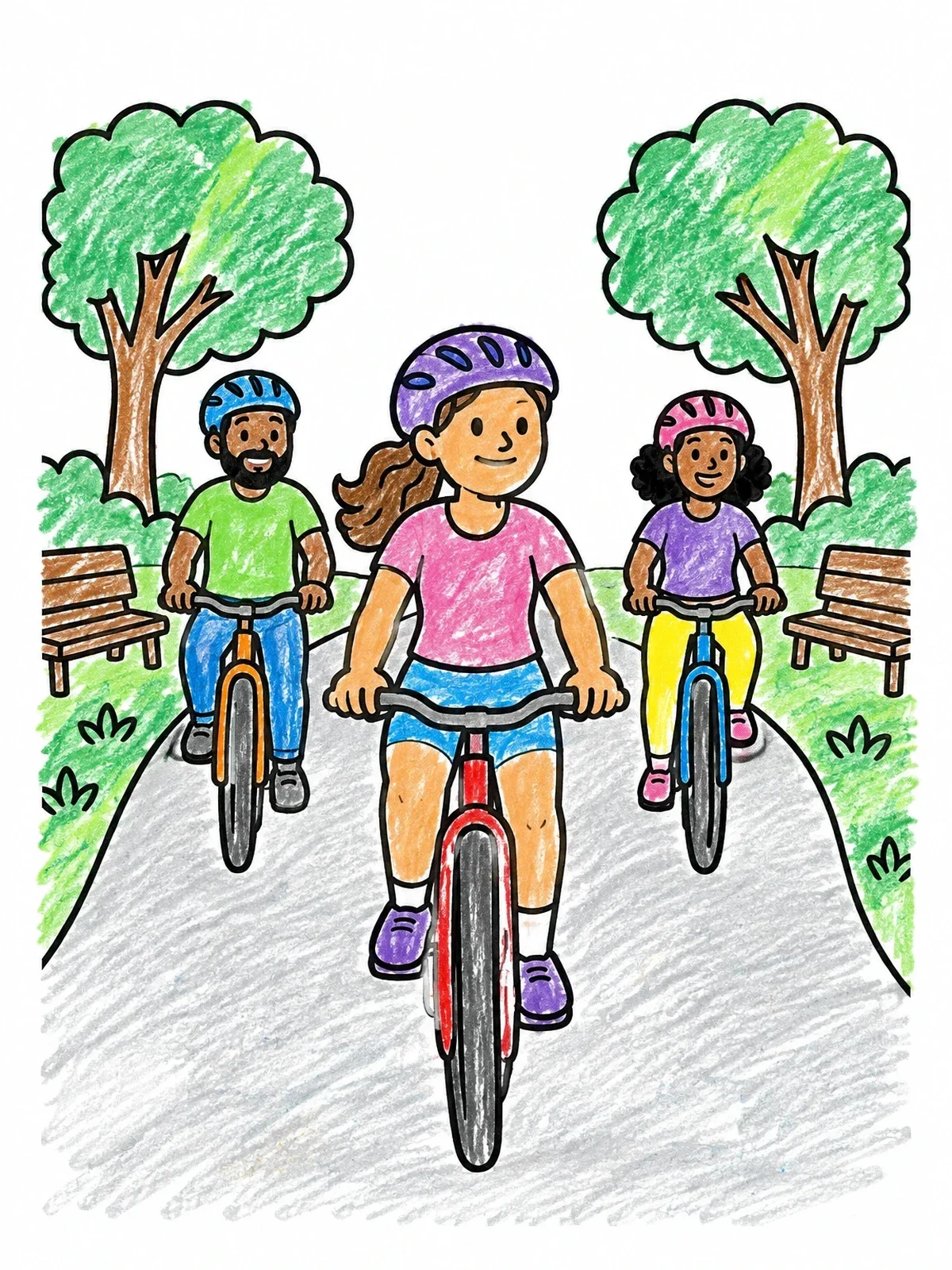 Colored example of the Family Riding Bicycles In The Park coloring page