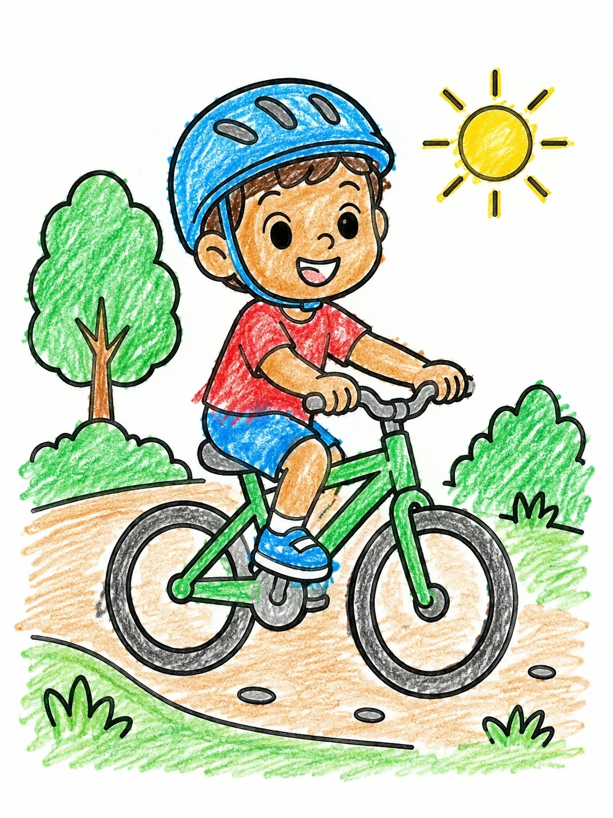 Colored example of the Happy Boy Riding His Bicycle Outdoors coloring page