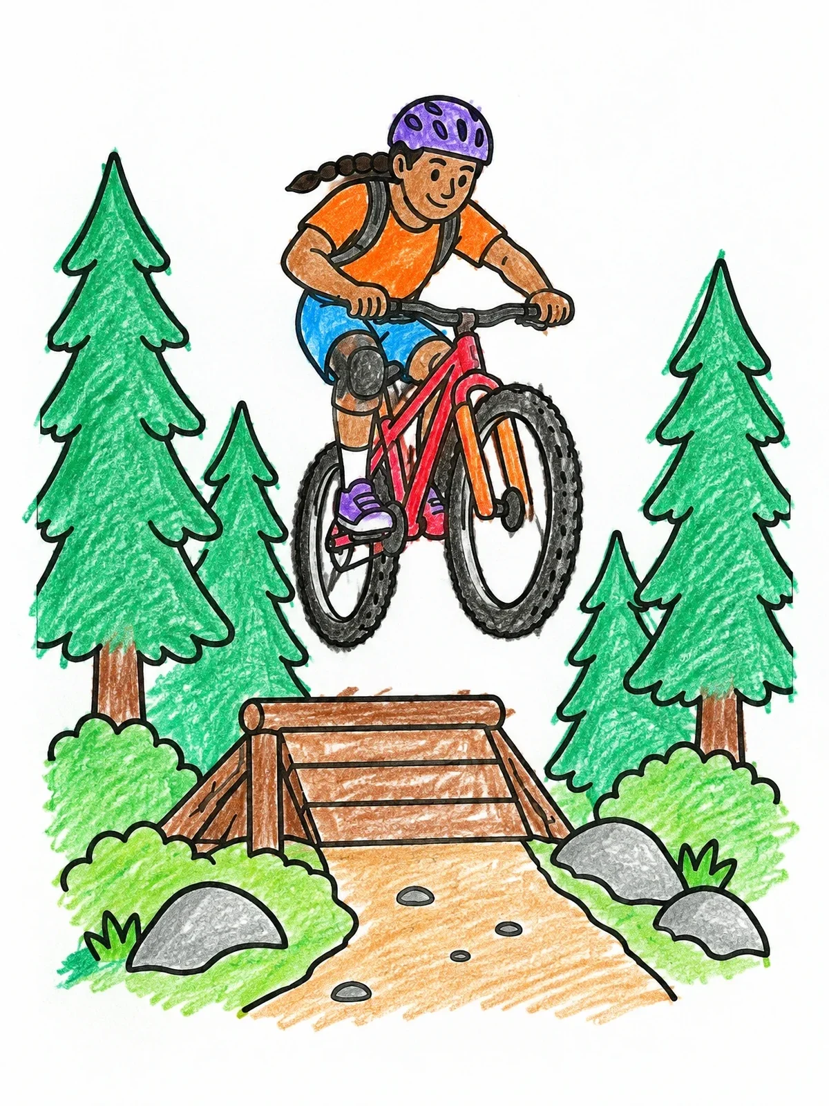 Colored example of the Mountain Biker Jumping Over Wooden Ramp coloring page