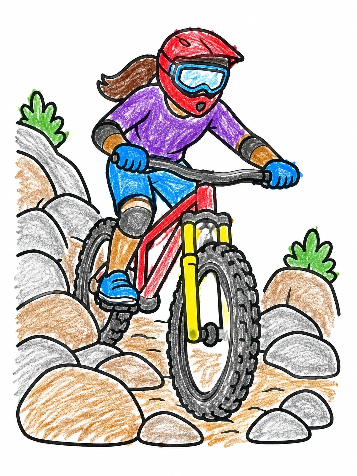 Colored example of the Mountain Biker On A Rocky Trail coloring page