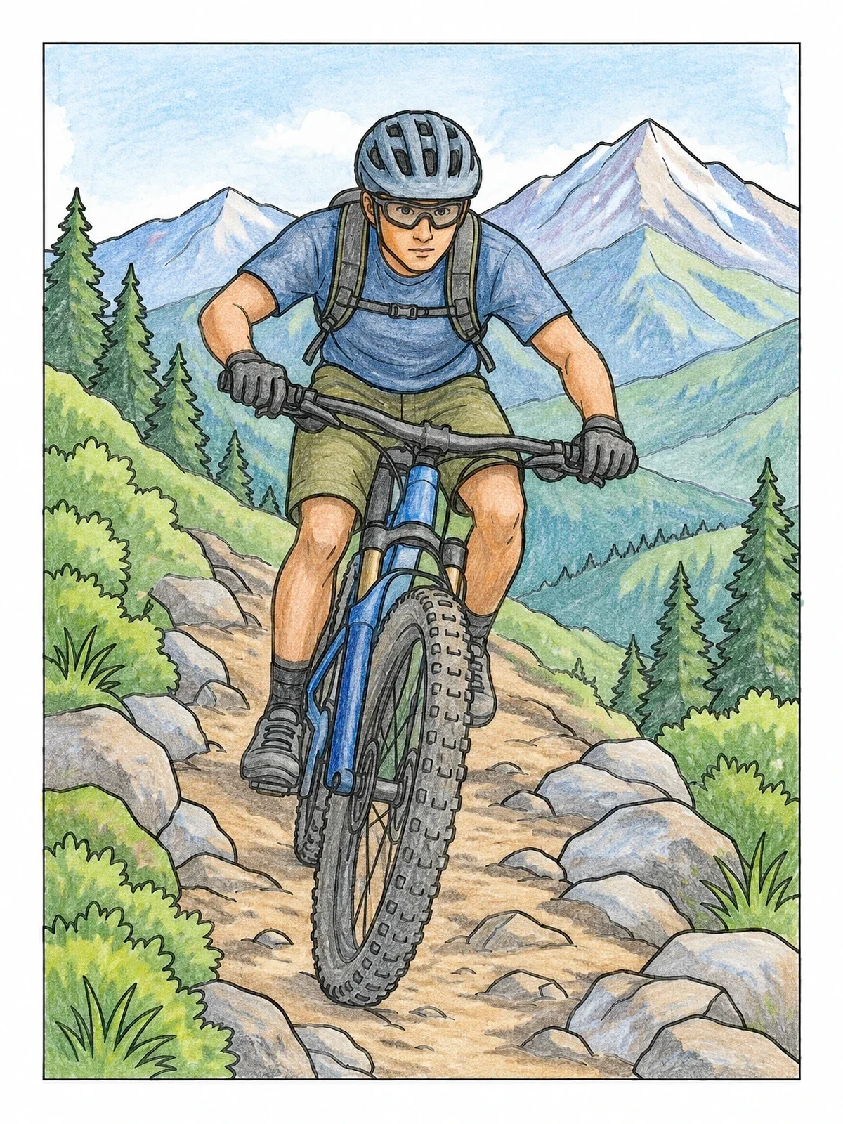 Colored example of the Mountain Biker On A Rugged Trail coloring page
