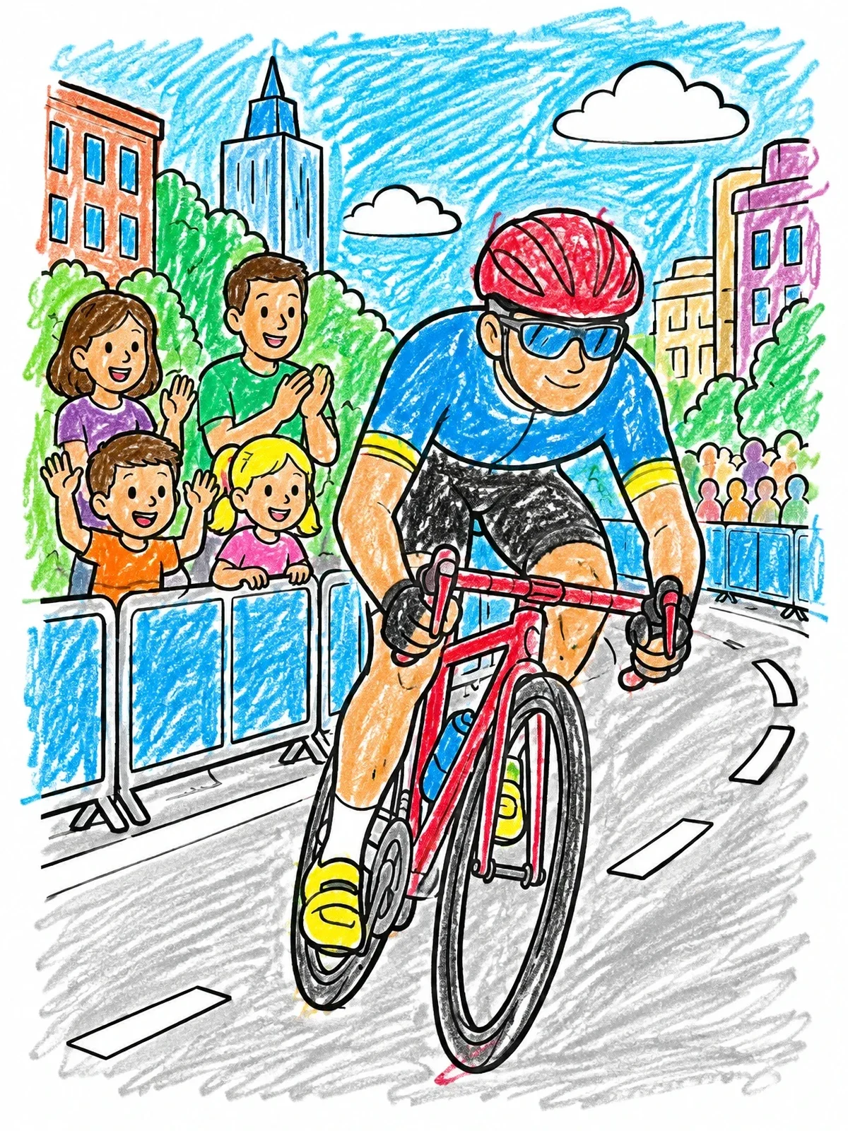 Colored example of the Racing Cyclist In The City coloring page