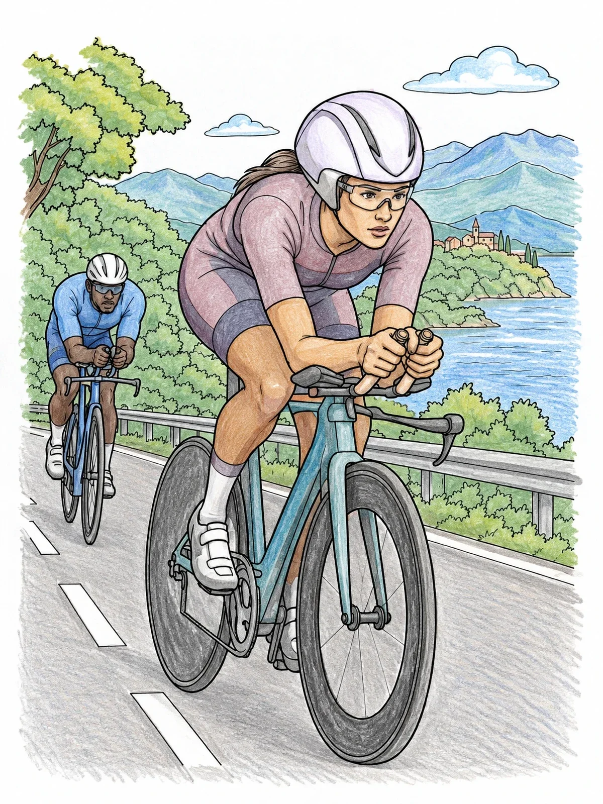 Colored example of the Road Cyclists In A Time Trial coloring page