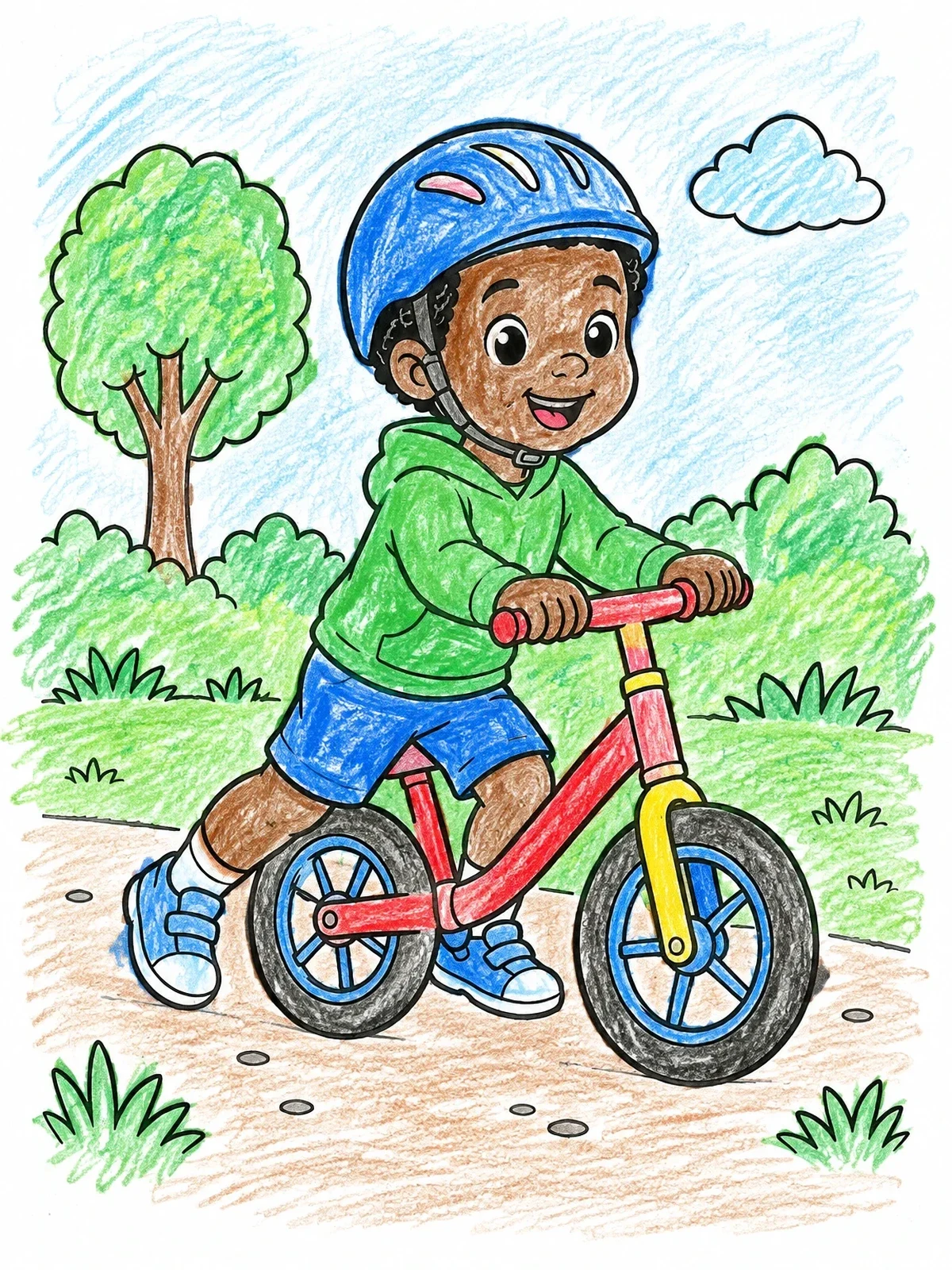 Colored example of the Happy Toddler On Balance Bike coloring page