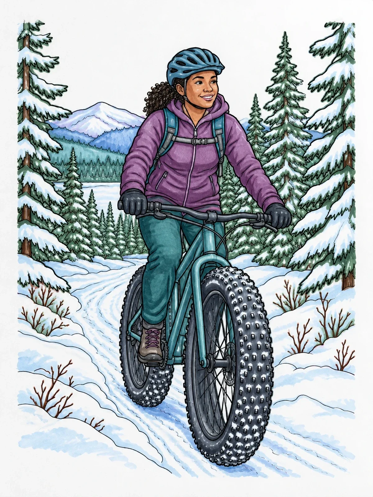 Colored example of the Winter Fat Tire Mountain Biking coloring page
